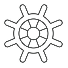 Obraz premium Marine steering wheel thin line icon, marine navigation concept. Vector graphics. Ship, vessel rudder sign on white background, outline style icon for mobile or web design.