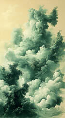 Ethereal vista of trees among clouds painted in muted greens  beige hues evokes serenity Soft canvas texture enhance