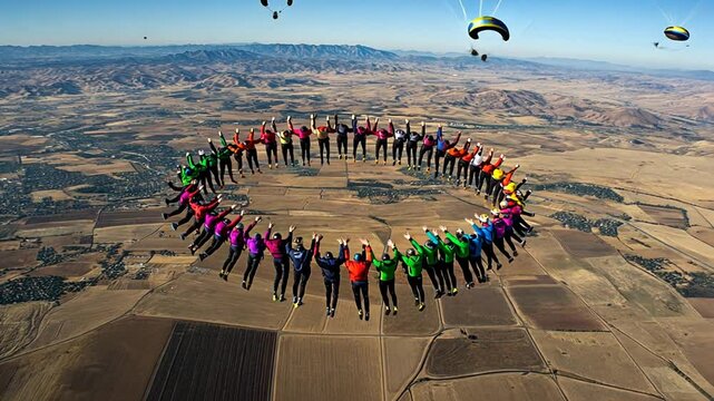 Skydiving Group Forms Stunning Round Formation Above Landscape Generative AI