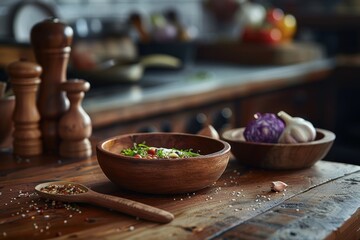 Fototapeta premium Rustic kitchen setting. Wooden bowl with salad, pepper mill, and kitchenware on a wooden table.