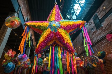 A dazzling star shaped piñata hangs brightly in the air surrounded by colorful ribbons and festive streamers