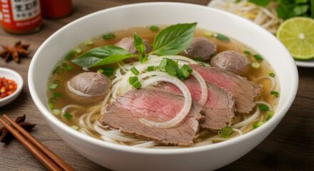 Aromatic bowl of Vietnamese beef pho noodle soup featuring fresh herbs and vibrant toppings