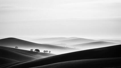 Monochrome rolling hills misty trees black and white serenity