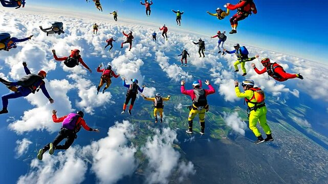 Skydiving Group Forms Stunning Aerial Display Above Landscape Generative AI