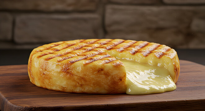 Grilled provoleta cheese, oozing cheese, delicious close-up shot with grill marks
