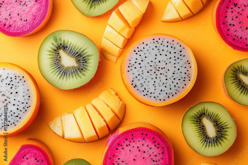 Poster bright tropical fruits create a dynamic food-inspired background in modern style