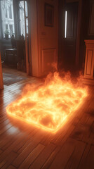 Rectangular fire on floor interior with wood floors natural light through windows doorway into another room