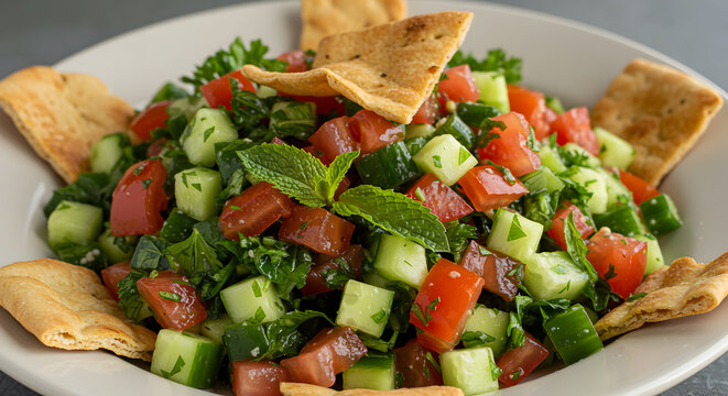 Vibrant fattoush salad featuring crispy pita chips and fresh garden vegetables