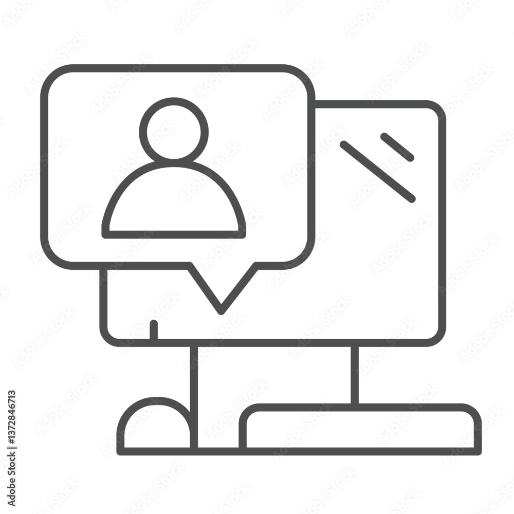 Poster computer with user message thin line icon, remote work concept. vector graphics. monitor, display an