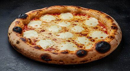 Delicious Neapolitan pizza with bubbly mozzarella cheese on a dark stone background