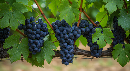 Fototapeta premium Ripe Dark Grapes on Vine with Green Leaves in Vineyard – High-Quality Image