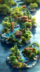 Fototapeta premium River islands with wooden houses amid lush greenery and rocky banks flowing water Serene scene