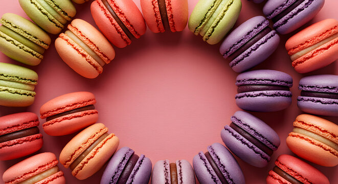 Delightful macarons arranged in a circle on pastel pink background forming frame - Powered by Adobe