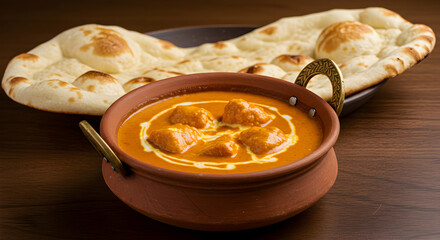 Delicious Indian butter chicken in a pot served with fresh naan bread