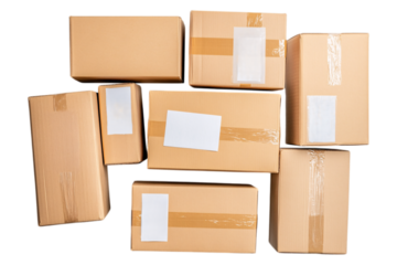 Efficient Warehouse Packing with Cardboard Boxes and Labels on Transparent Background