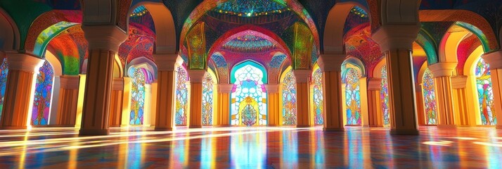 Fototapeta premium Interior view showing arches columns and light reflections on the