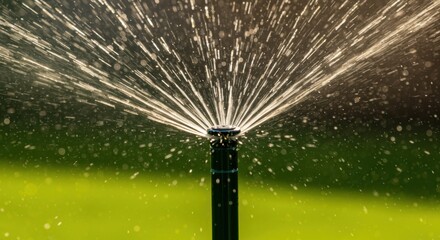 Obraz premium A close-up of a water-efficient sprinkler head dispersing fine droplets, showcasing its function and design against a blurred green background