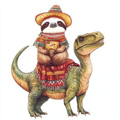 A charming sloth lounges atop a vibrant T Rex as they both don colorful Cinco de Mayo costumes. Their playful celebration brings joy and whimsy to the festive occasion full of cultural flair