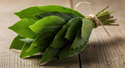 Aromatic bunch of fresh bay leaves tied with twine rests on weathered wood planks