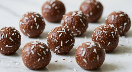 Decadent Chocolate Coconut Energy Balls on White Surface, a Healthy Treat