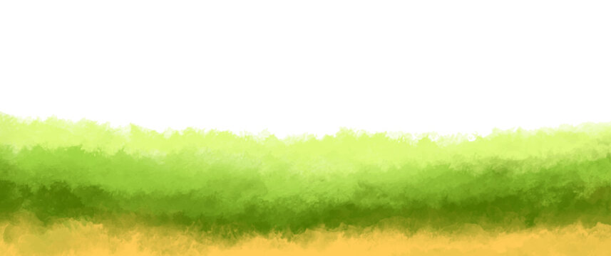 Abstract summer landscape vector watercolor background with green field on white backdrop. Watercolor illustration for design, flyers, poster, cover, mockup, banner. Modern hand draw painting.