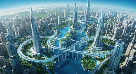 A futuristic cityscape featuring innovative architecture powered by renewable water sources, surrounded by greenery and advanced transportation systems