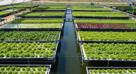 A large-scale aquaponics farm showcases efficient water use with vibrant green crops growing in water-filled containers under a protective structure