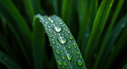 Dew droplets rest gently on vibrant green leaves, showcasing nature's beauty and the refreshing essence of early morning.