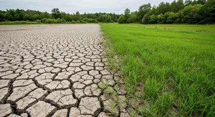 Dry, cracked earth transitions into a lush green landscape, showcasing the contrast between arid conditions and vibrant vegetation