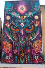 Colorful owl artwork with cosmic elements and vibrant patterns on
