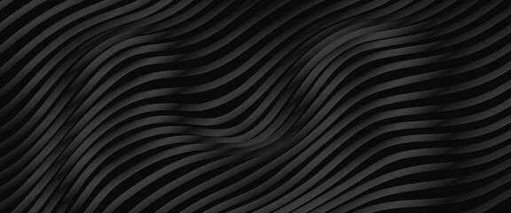 Abstract futuristic dark black background with waved design. Realistic 3d wallpaper with luxury flowing lines.