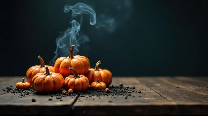 A mystical autumn still life featuring a cluster of miniature pumpkins, emanating a subtle, ethereal smoke, resting on a rustic wooden surface.