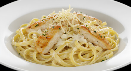 Delicious chicken alfredo fettuccine served on a white plate for lunch