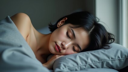Obraz premium Young female sleeping peacefully in her bedroom at night, relaxing