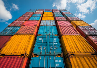 Fototapeta premium Colorful Shipping Containers Stacked High Against a Blue Sky with Fluffy White Clouds in Bright Sunlight