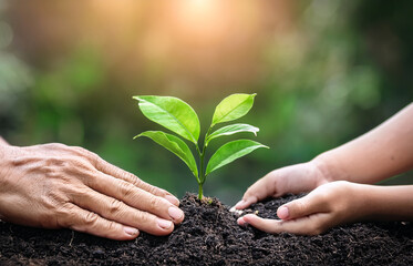 Child and parent hand planting young tree on black soil together as save world concept in vintage color tone
