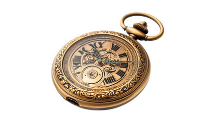 An antique pocket watch with engravings, isolated on white background --ar 16:9