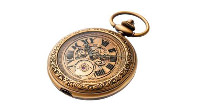 An antique pocket watch with engravings, isolated on white background --ar 16:9