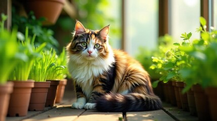 A Fluffy Tricolor Cat Poses Serenely Amidst Vibrant Greenery in a Sunlit Garden Setting