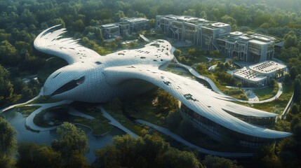 Naklejka premium Futuristic building with organic design surrounded by trees aerial view.