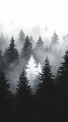 Foggy forest with a contrasting white tree amidst dark pines creating a mystical and ethereal woodland scene