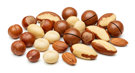 Obraz premium Nutritional Powerhouse: An Assortment of Mixed Nuts Isolated on White Backdrop