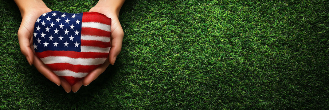An American flag held in hands over a lush green lawn, symbolizing patriotism and national pride. Perfect for Independence Day celebrations, social media posts, and banner designs.

