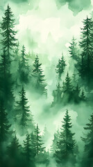 Fototapeta premium Forest canopy painting displays a dense evergreen trees landscape with a mist watercolor style in shades of green and