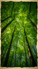 Fototapeta premium Forest canopy reaching up to the sky in vibrant green hues captured from below A symphony of natural beauty