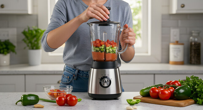 Preparing chilled spanish soup gazpacho using a modern kitchen blender appliance