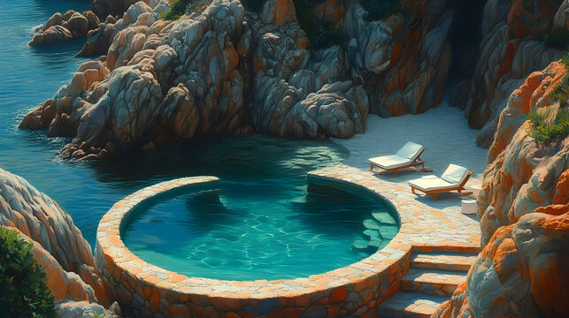 Scenic view with turquoise pool nestled among rocky cliffs and clear waters sun loungers on sand steps Relaxing tropi