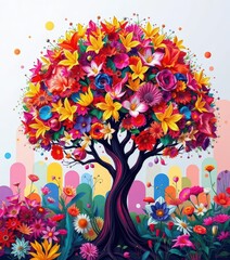 Vibrant tree, abstract blooms, diverse shapes, colorful garden, nature, flowers