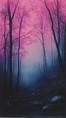 Forest path enveloped in eerie mist towering trees reach into a magenta sky creating a surreal atmospheric scene