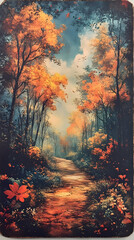 Forest path in autumn with orange foliage canopying a sandy route and flowers in the foreground all under a partly clo